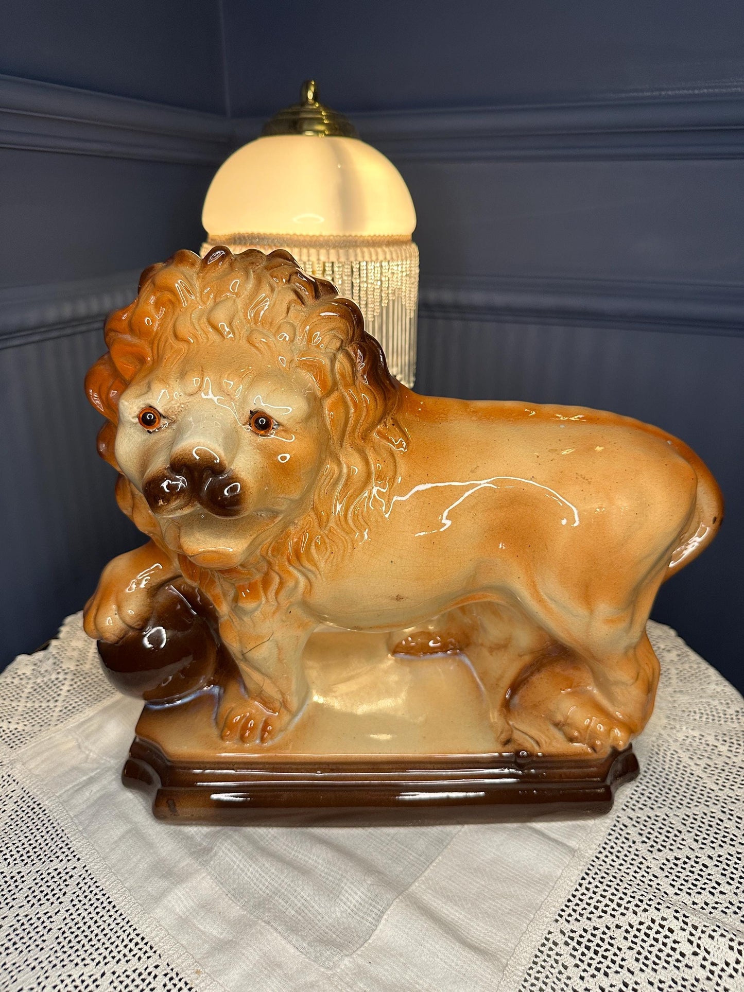 Antique Staffordshire Lion Figurines Pair | Victorian Ceramic Lions Medici Style | English Pottery Lion Statues | Mantel Fireplace Decor