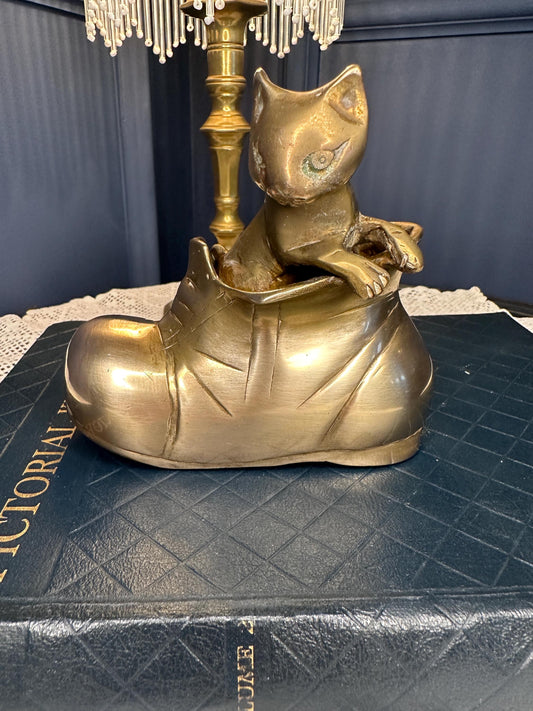 Vintage Brass Cat in Boot Ornament | Whimsical Kitten Sculpture | Mid Century Style Decor | Unique Animal Figurine | Retro Home Accent