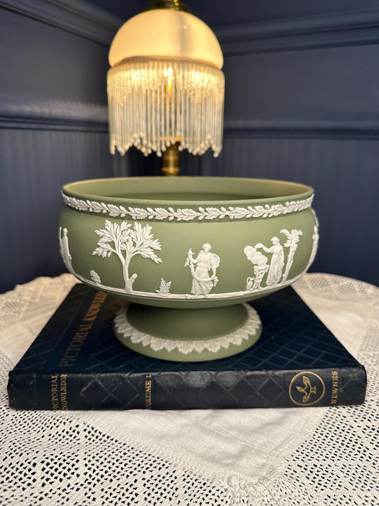 Vintage Wedgwood Sage Green Jasperware Pedestal Bowl, Large Classical Relief Dish, English Jasperware Centerpiece Decor