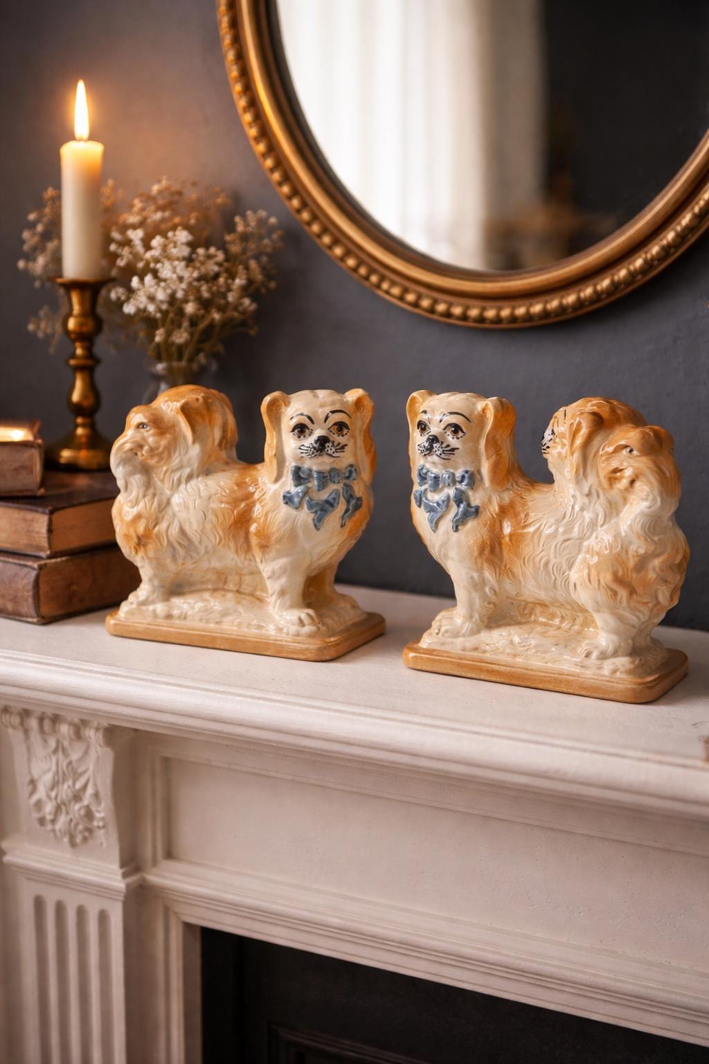 Antique Staffordshire Pekingese Dog Figurines Pair – RD 542671 Bo’ness Pottery Mantle Dogs – Vintage Ceramic Spaniels with Blue Bows