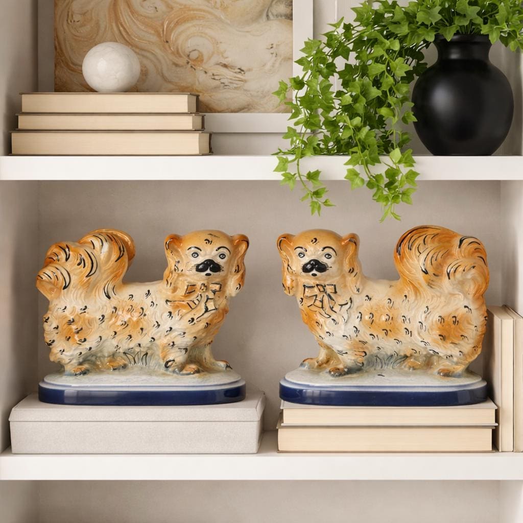 Antique Staffordshire Pekingese Dog Figurines Pair | Early 1900s Hand Painted Ceramic Spaniels | Blue Base Vintage Dogs | English Collectibl
