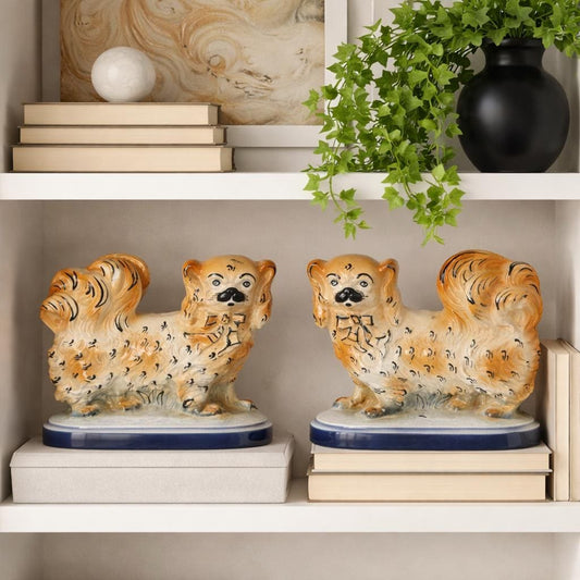Antique Staffordshire Pekingese Dog Figurines Pair | Early 1900s Hand Painted Ceramic Spaniels | Blue Base Vintage Dogs | English Collectibl