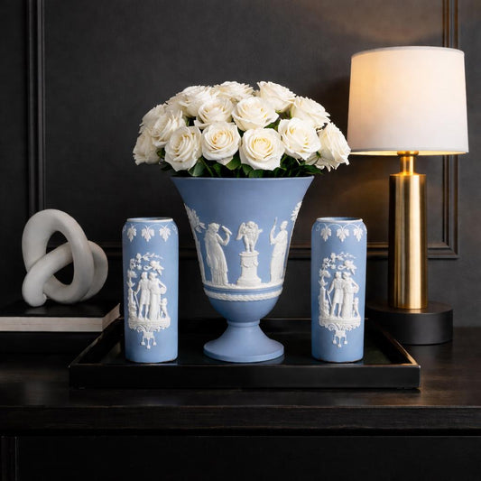 Wedgwood Jasperware Urn Vase + Jasperware Style Vases Pair | Vintage Blue Relief Vase Set | Neoclassical Decor England