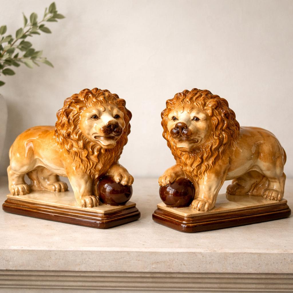 Antique Staffordshire Lion Figurines Pair | Victorian Ceramic Lions Medici Style | English Pottery Lion Statues | Mantel Fireplace Decor