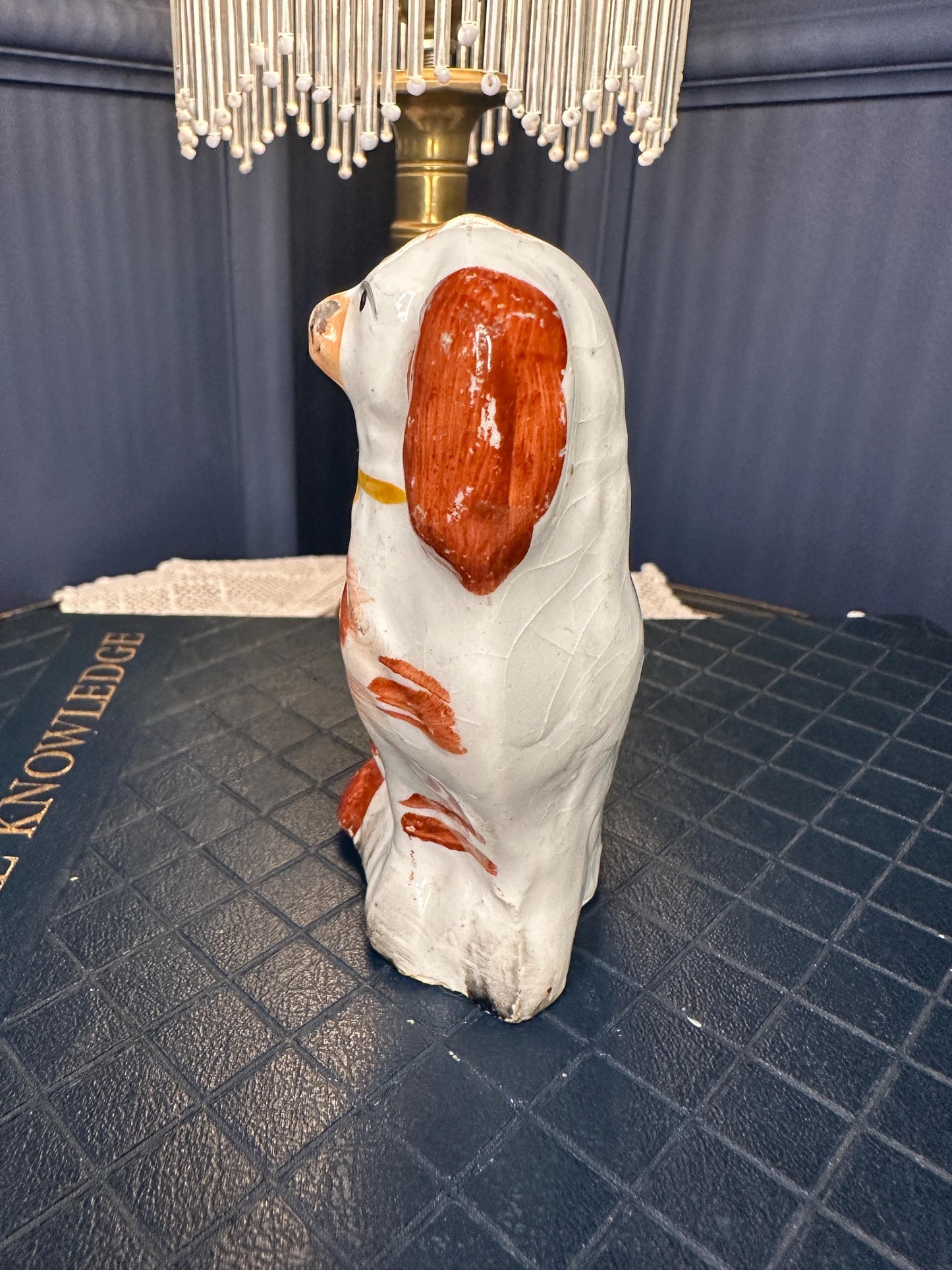 Antique Staffordshire Spaniel Dog Figurine 4” | Victorian Mini Ceramic Dog Ornament | Red & White English Pottery | Small Collectible Mantel