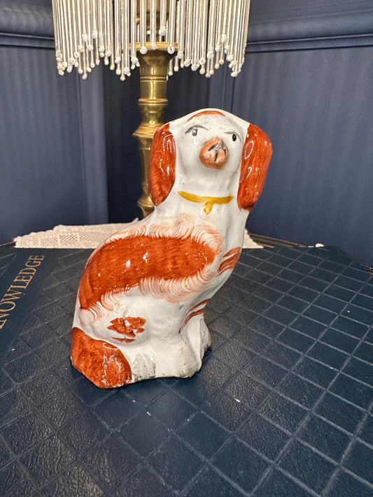 Antique Staffordshire Spaniel Dog Figurine 4” | Victorian Mini Ceramic Dog Ornament | Red & White English Pottery | Small Collectible Mantel