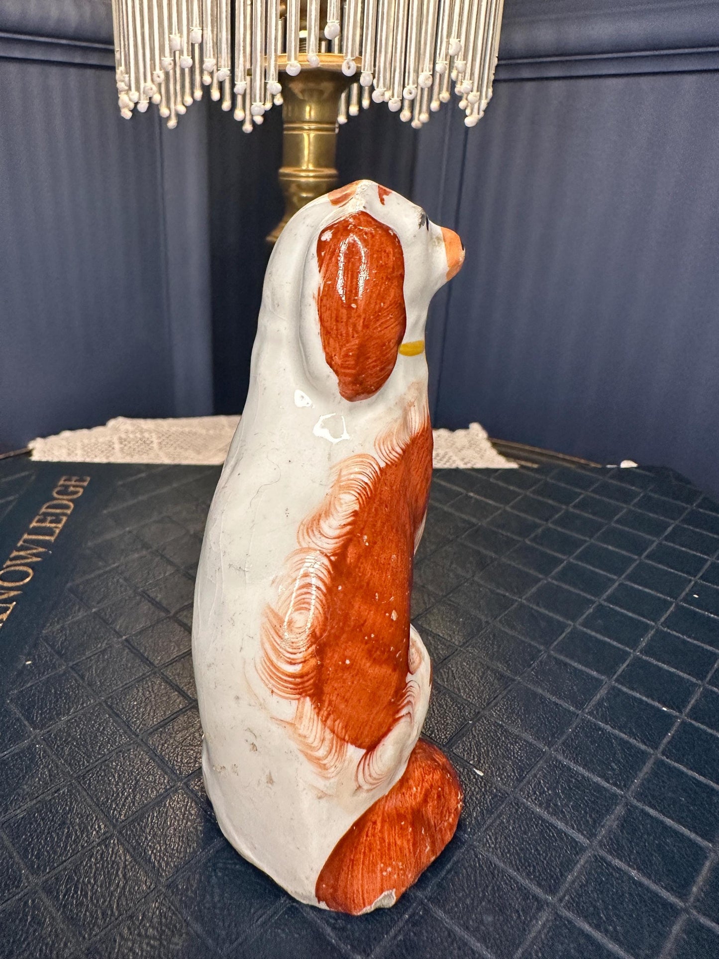 Antique Staffordshire Spaniel Dog Figurine 4” | Victorian Mini Ceramic Dog Ornament | Red & White English Pottery | Small Collectible Mantel