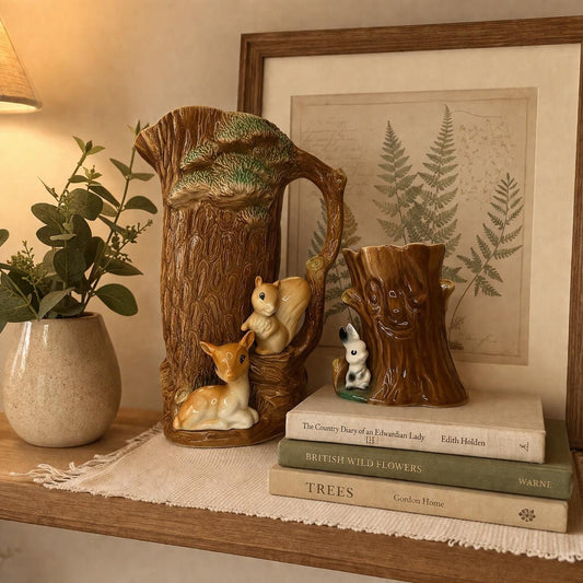 Vintage Hornsea Fauna Royal Woodland Jug & Vase Set, Deer Squirrel Rabbit Pottery, Made in England, Cottagecore Decor, Rustic Vase Set