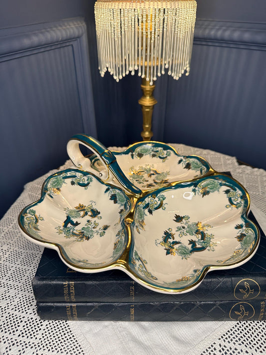 Vintage Mason’s Ironstone Chartreuse Serving Dish | Divided Candy Dish w Handle | English Transferware Bowl | Antique Teal Gold Decor