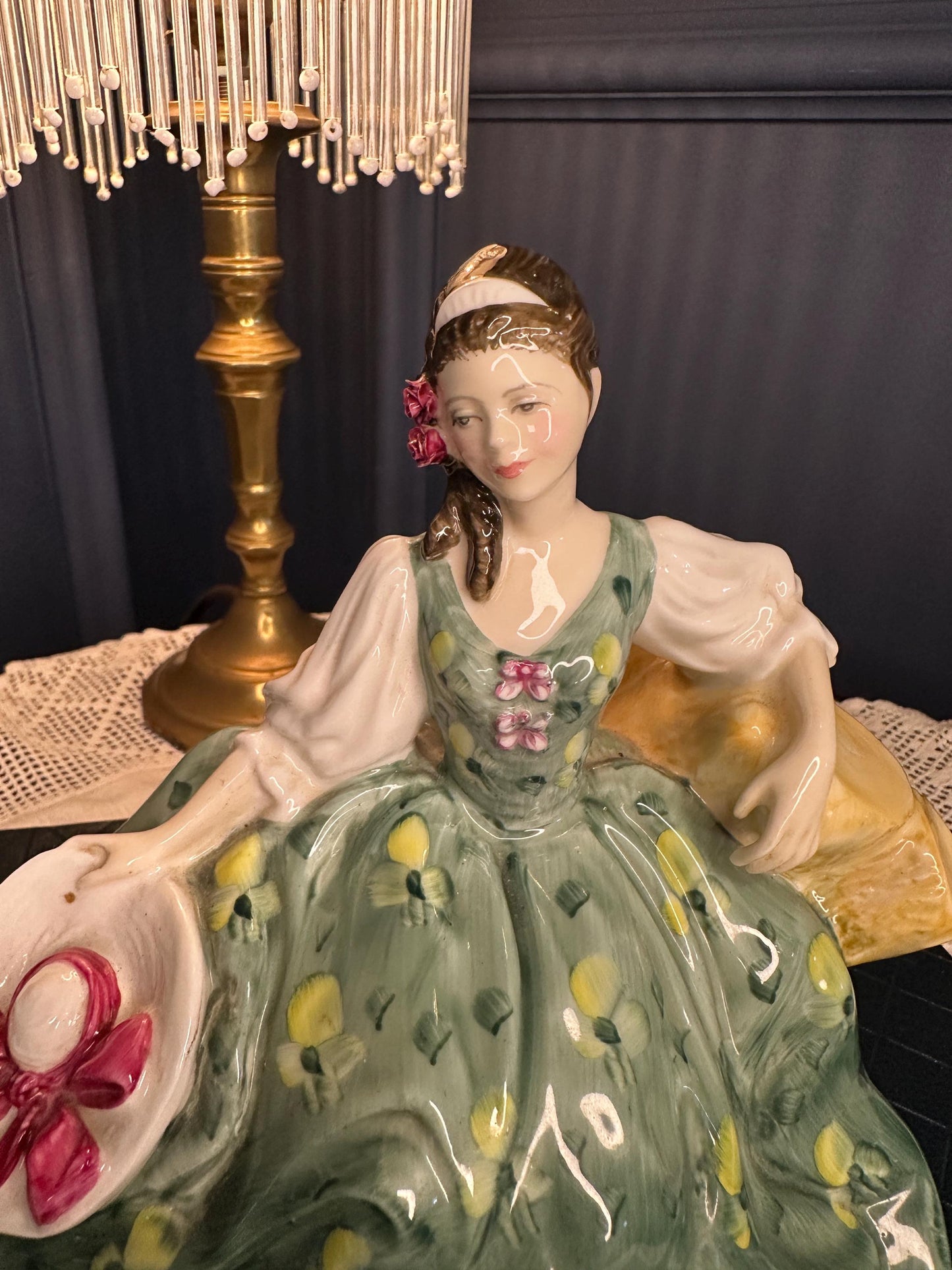 Royal Doulton Elyse Figurine HN2474 Peggy Davies Vintage Bone China Lady Figure Green Dress Collectible England 1971