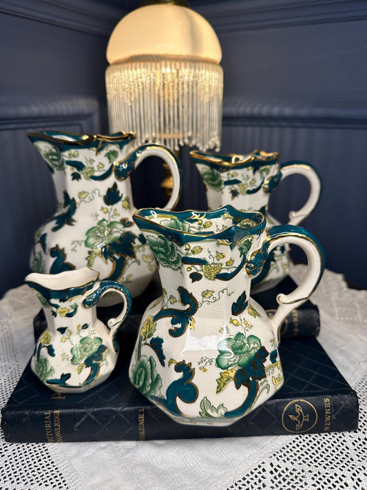 Vintage Mason’s Ironstone Hydra Jugs, Chartreuse Pattern Pitchers, Green Floral Gold Gilt Jug, English Cottagecore Decor, Set or Individual