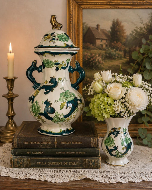 Vintage Mason’s Ironstone Ginger Jar & Vase Set, English Chartreuse Ceramic Pottery, Chinoiserie Cottagecore Floral Decor