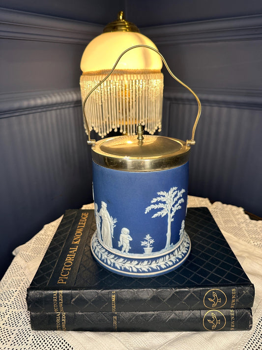 Vintage Wedgwood Jasperware Biscuit Jar Blue White Relief Brass Lid Ice Bucket English Classical Decor Collectible Kitchen Storage