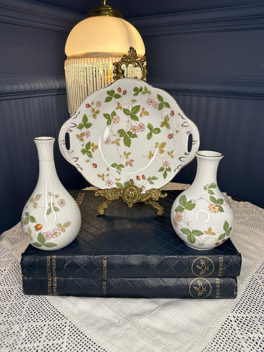Wedgwood Wild Strawberry Bone China Set | Vintage Trinket Dish & Bud Vases | Made in England | Floral Cottagecore Decor | Gift for Her