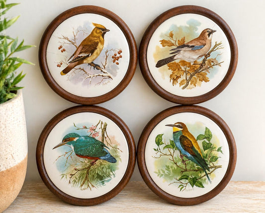 Vintage Bird Wall Hanging Set of 4 | Ceramic Tile Wall Art Wood Frame | Cottagecore Nature Decor | Mid Century Bird Plaques