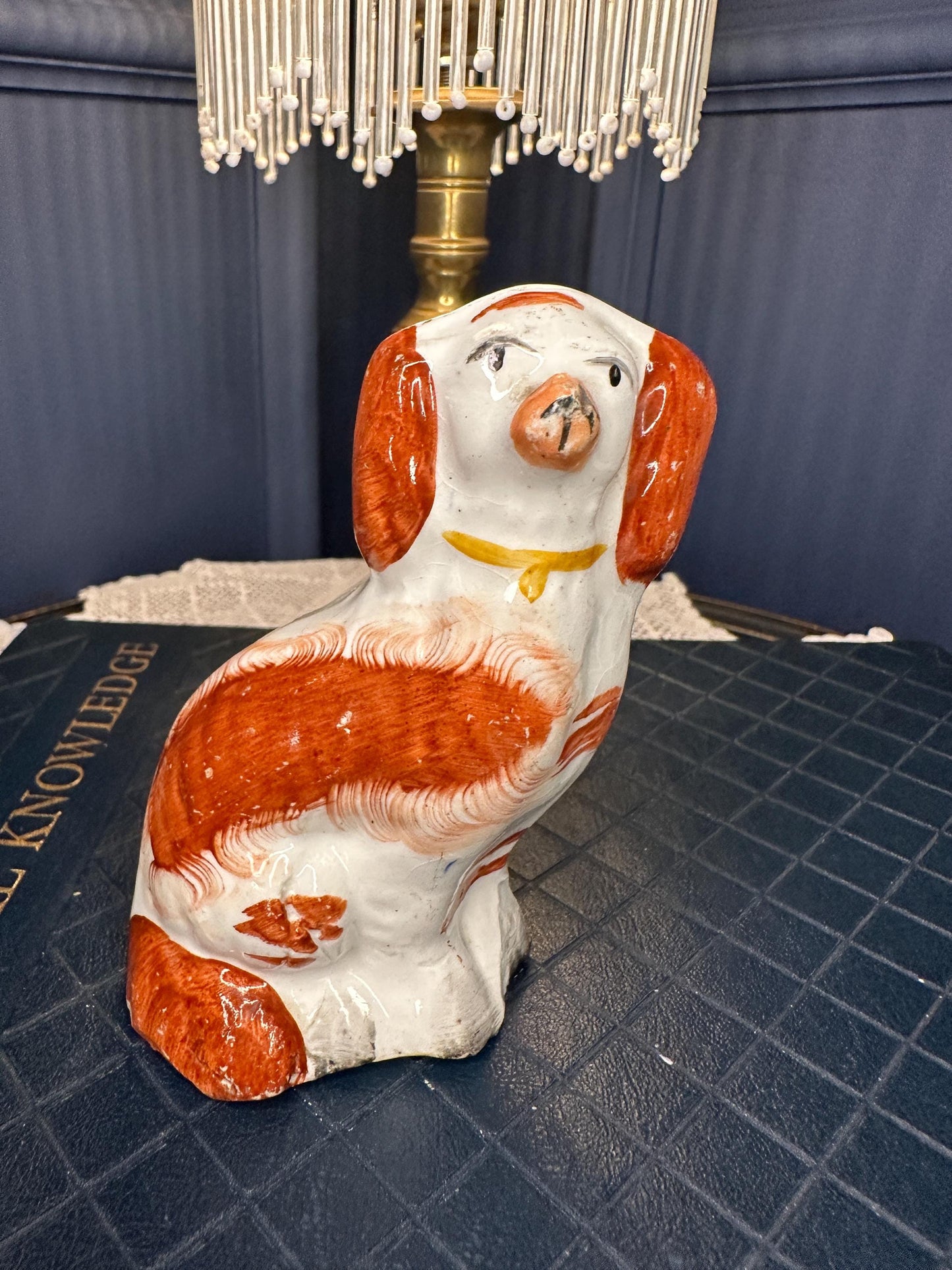 Antique Staffordshire Spaniel Dog Figurine 4” | Victorian Mini Ceramic Dog Ornament | Red & White English Pottery | Small Collectible Mantel