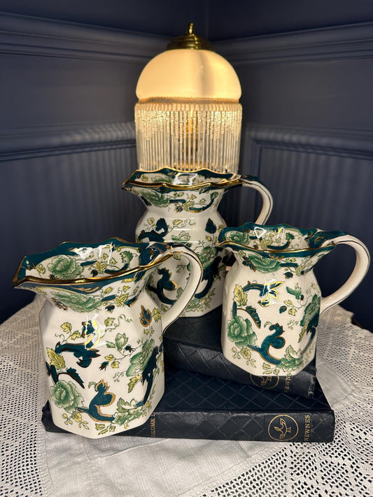 Masons Ironstone Chartreuse  Fenton Jug Set | Vintage England Ceramic Pitcher Trio | Green Floral Gold Gilded Ironstone Cottagecore Dec