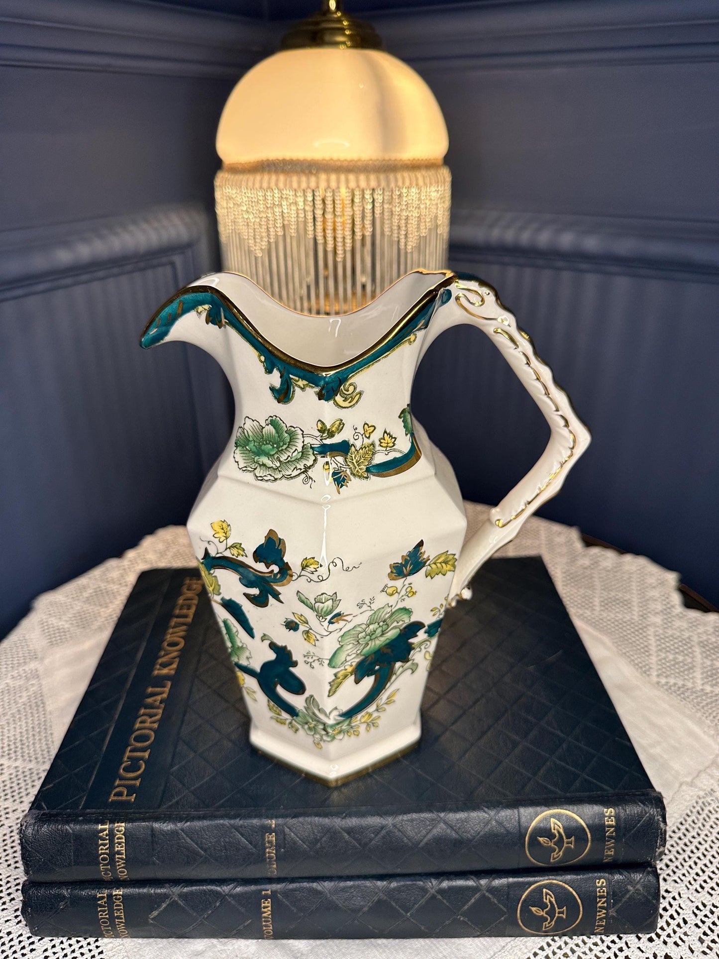 Vintage Mason’s “Chartreuse” Ironstone Jug Pitcher – 22K Gold Gilded English Transferware Vase