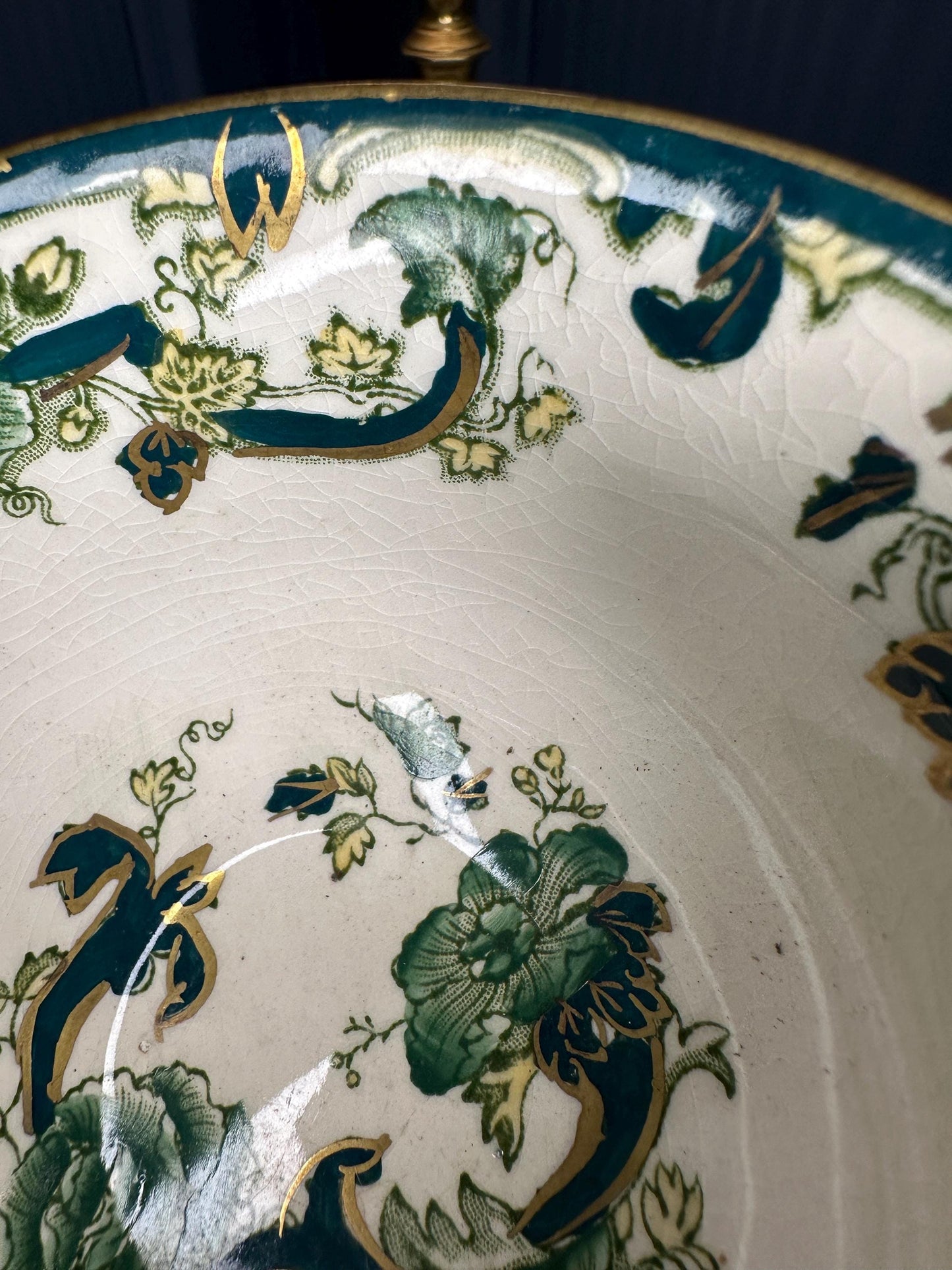 Antique Mason’s Chartreuse Ironstone China Serving Bowl | Victorian Transferware Soup Tureen Bowl Green Floral