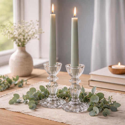 Vintage Glass Candlestick Holders Set of 2 | Clear Pressed Glass Candle Sticks | Cottagecore Decor | Shabby Chic Table Decor