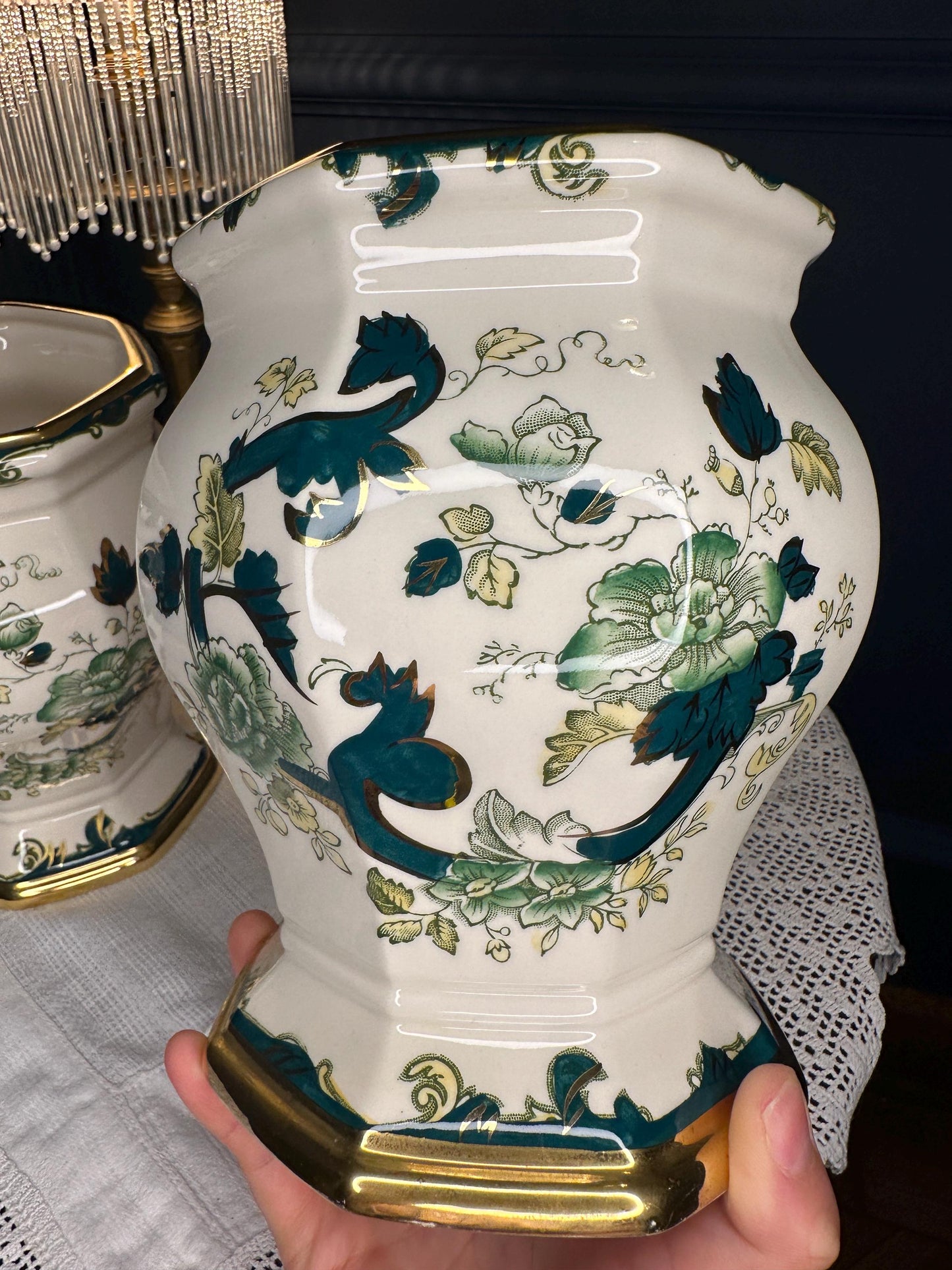 Rare Mason’s Chartreuse Ironstone Planter Pair | Vintage English Jardiniere Cache Pots | Green Floral Gold Gilt | Made in England