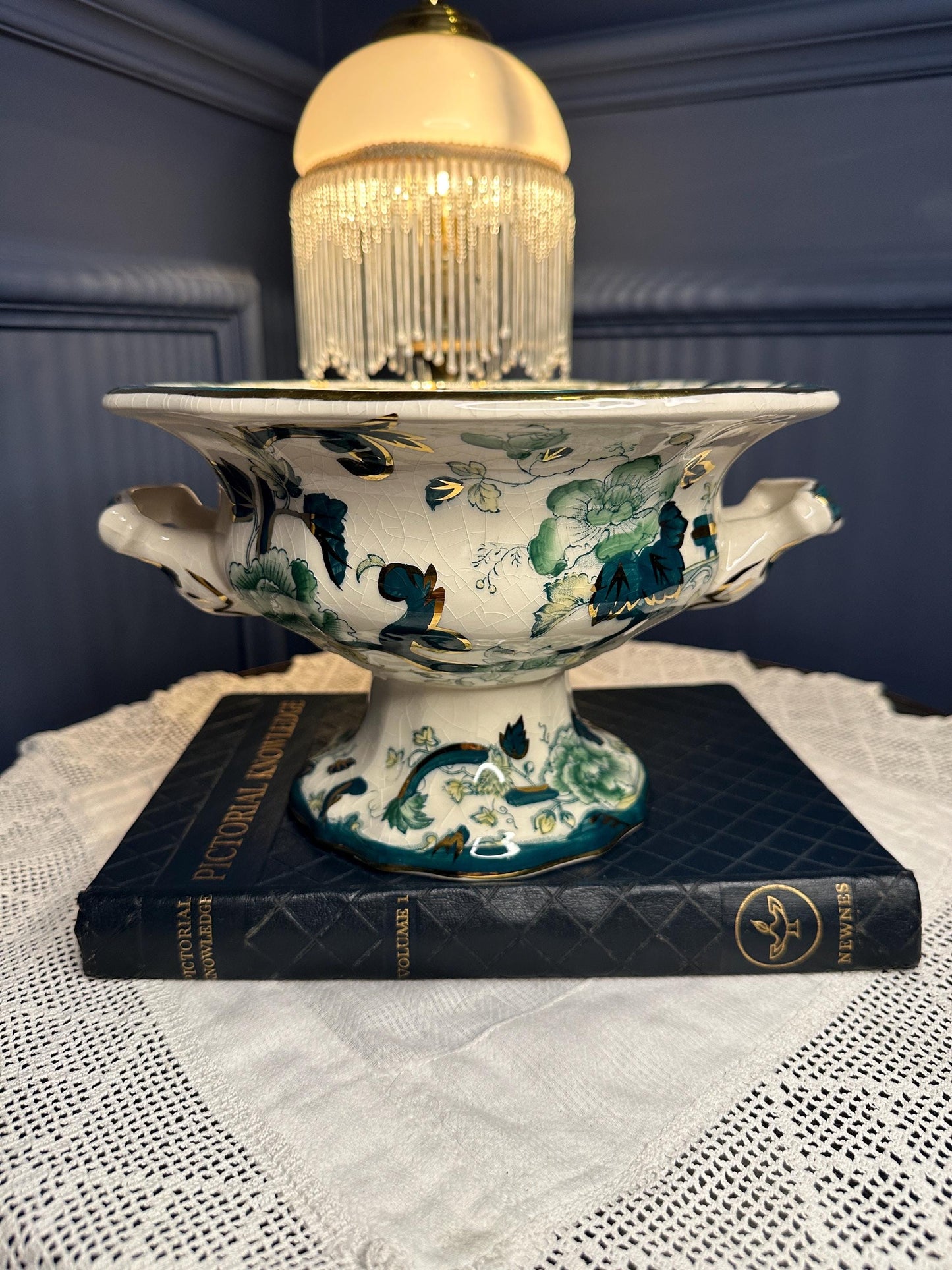 Masons Ironstone Pekin Bowl Vintage Serving Bowl English China Green Floral Chartreuse Centerpiece Dish