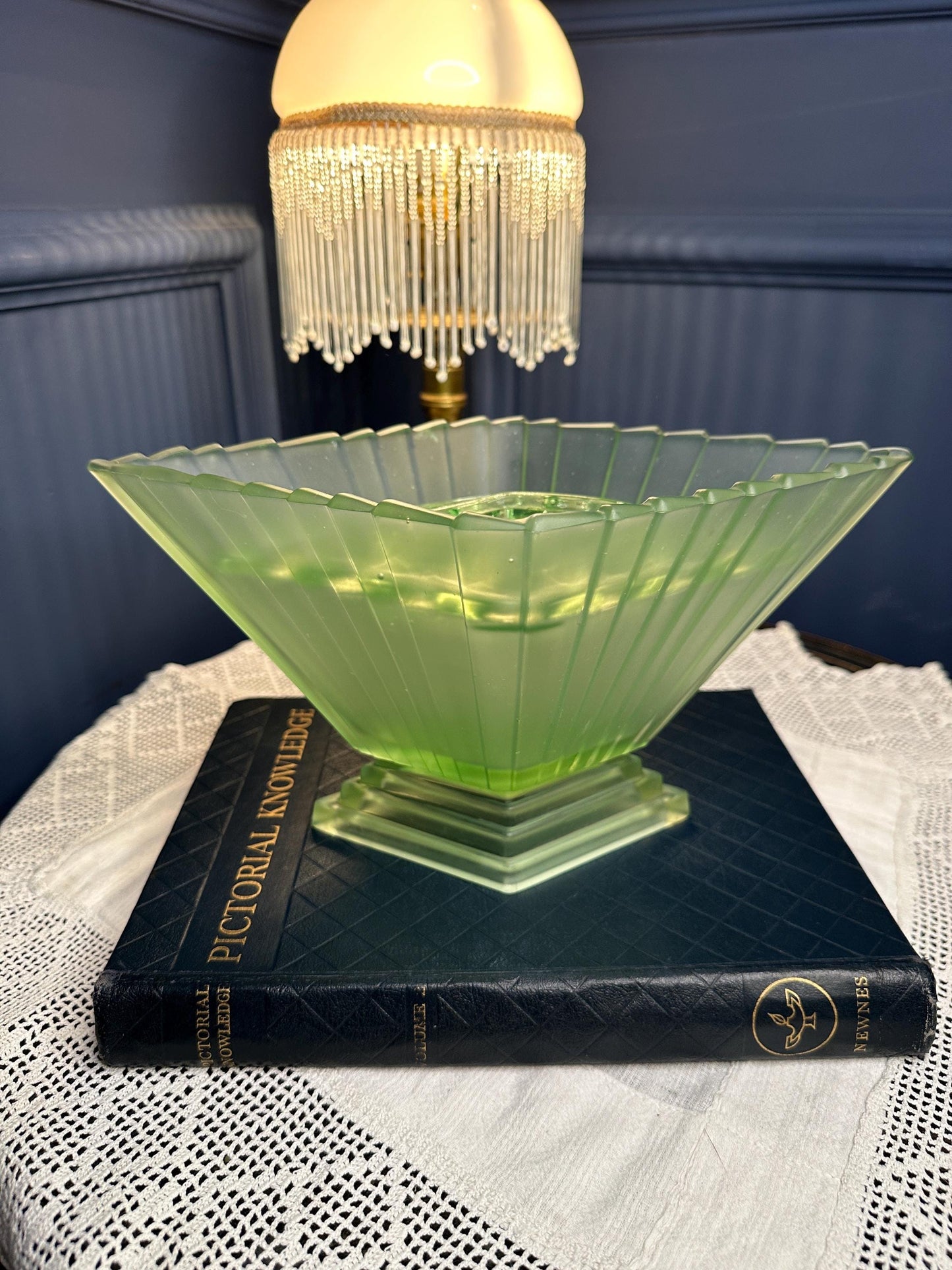 Vintage Art Deco Uranium Glass Console Bowl | Large Frosted Green Vaseline Glass Centerpiece | Depression Glass Flower Frog