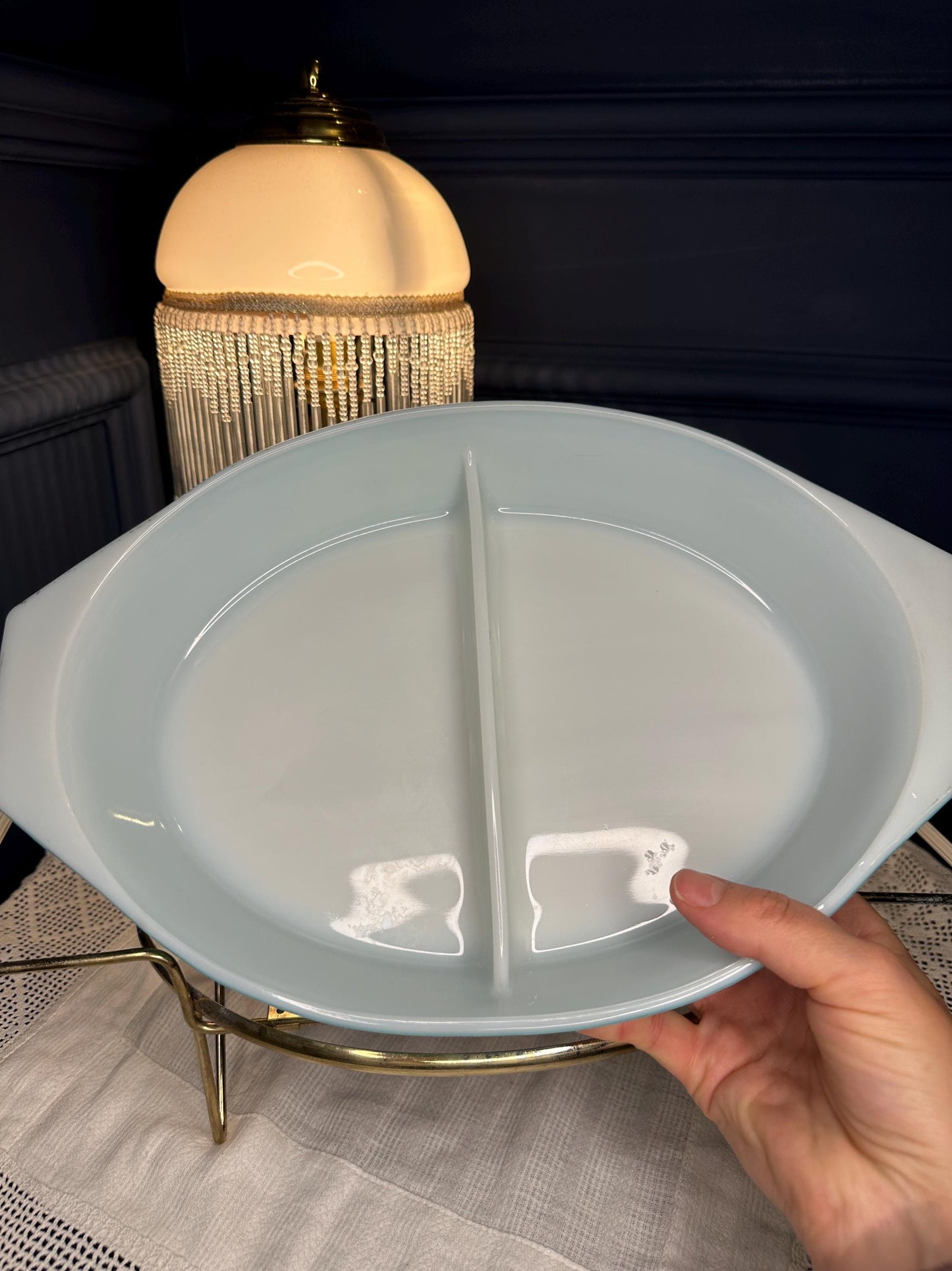 Vintage Pyrex Gaiety Divided Vegetable Dish w Stand & Lid | Turquoise Blue Snowflake Casserole | Mid Century Serving Dish