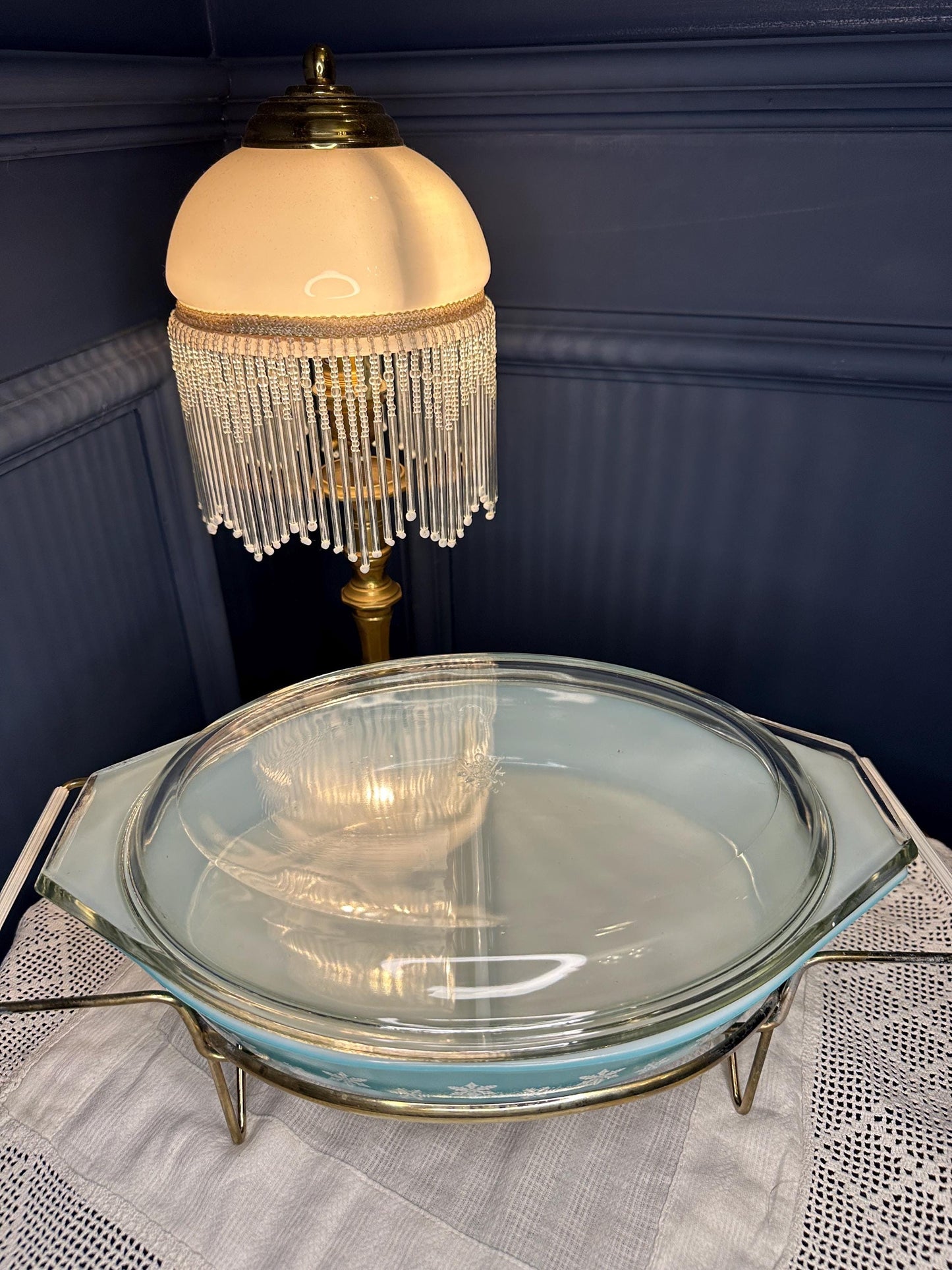 Vintage Pyrex Gaiety Divided Vegetable Dish w Stand & Lid | Turquoise Blue Snowflake Casserole | Mid Century Serving Dish