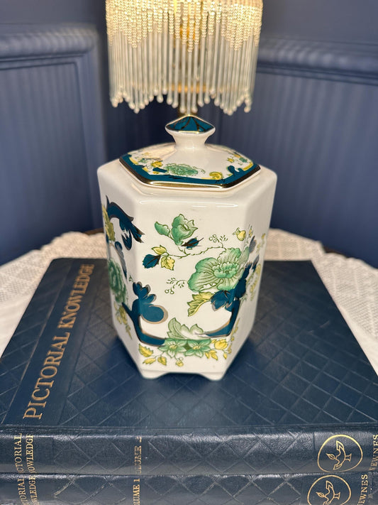 Vintage Mason’s Ironstone Tea Caddy, Chartreuse Green Hexagonal Ceramic Jar, English Chinoiserie Cottagecore Decor