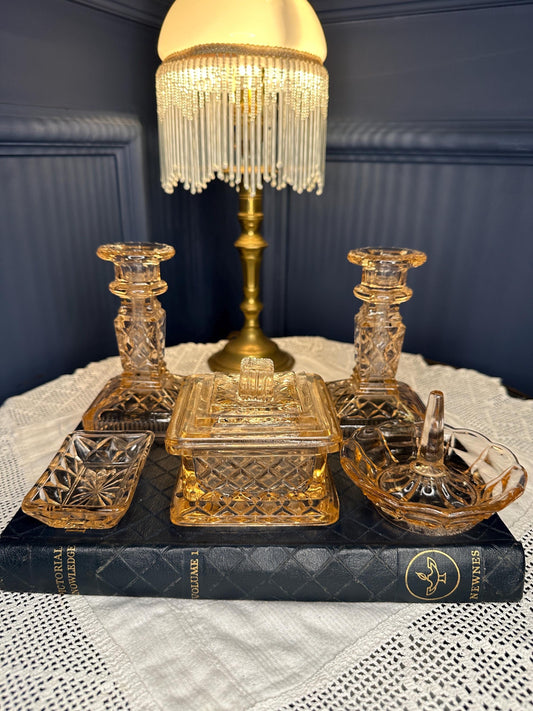 Vintage Pink Depression Glass Vanity Set, Art Deco Trinket Set, Candle Holders, Ring Dish, Jewelry Box, Vanity Decor