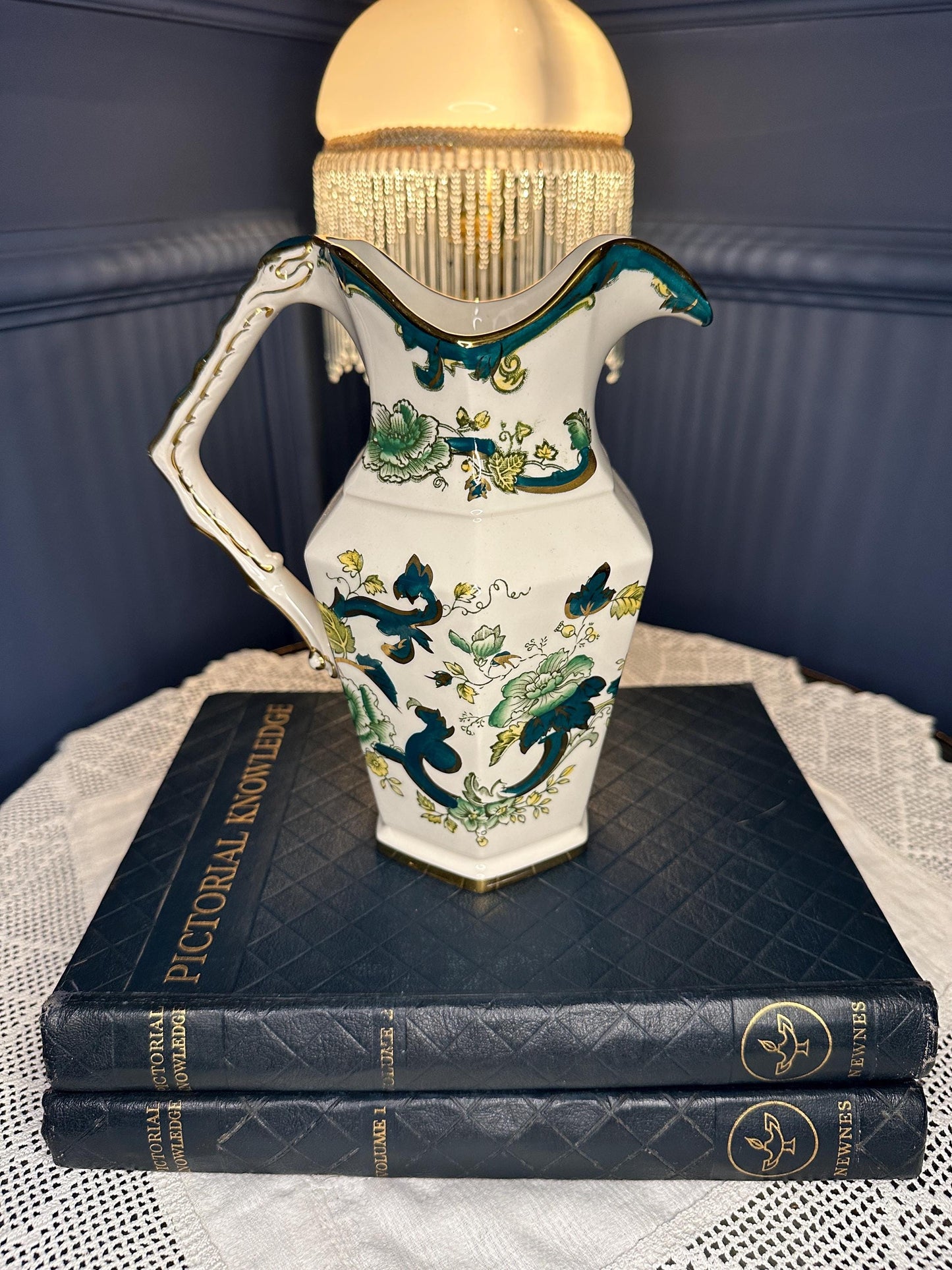 Vintage Mason’s “Chartreuse” Ironstone Jug Pitcher – 22K Gold Gilded English Transferware Vase