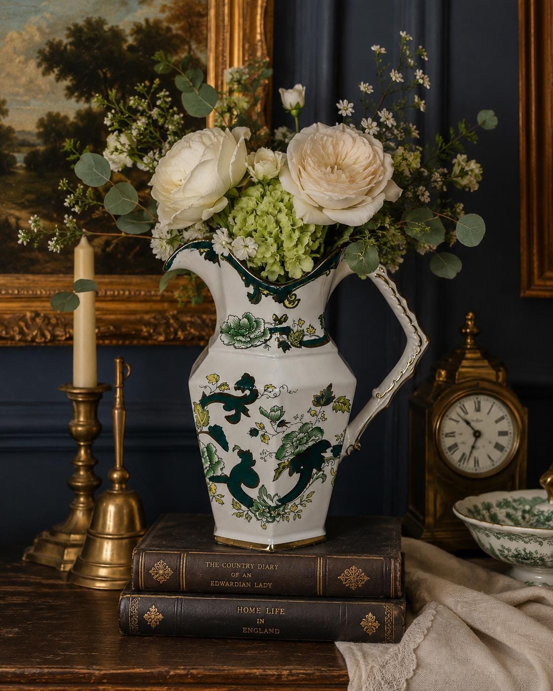 Vintage Mason’s “Chartreuse” Ironstone Jug Pitcher – 22K Gold Gilded English Transferware Vase