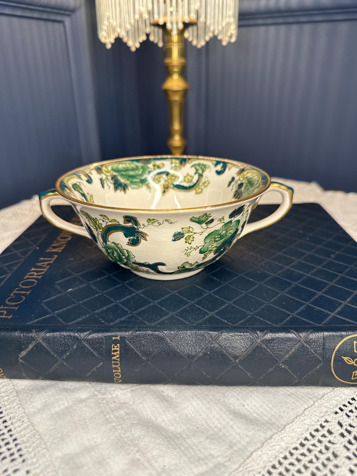 Antique Mason’s Chartreuse Ironstone China Serving Bowl | Victorian Transferware Soup Tureen Bowl Green Floral