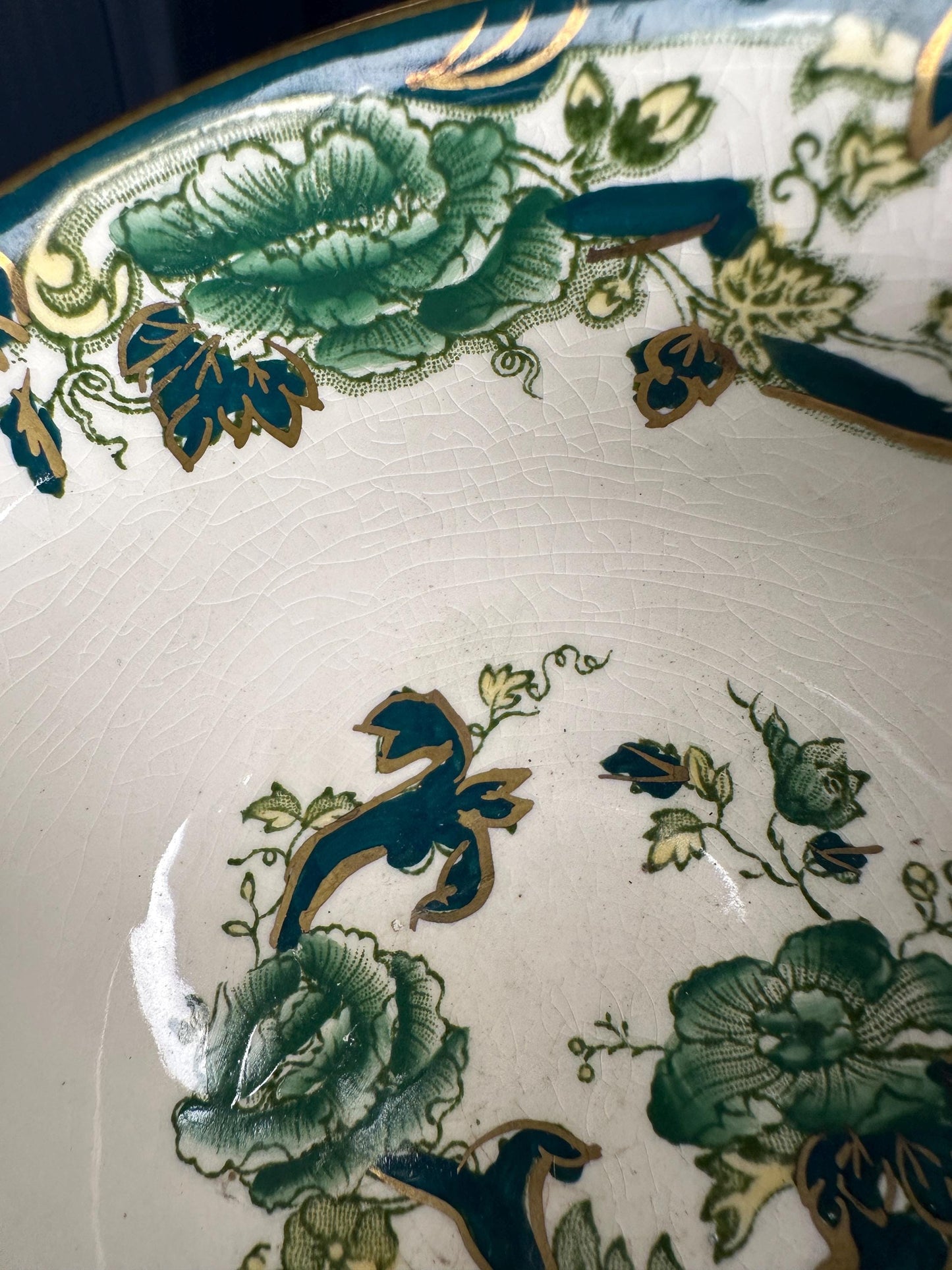 Antique Mason’s Chartreuse Ironstone China Serving Bowl | Victorian Transferware Soup Tureen Bowl Green Floral