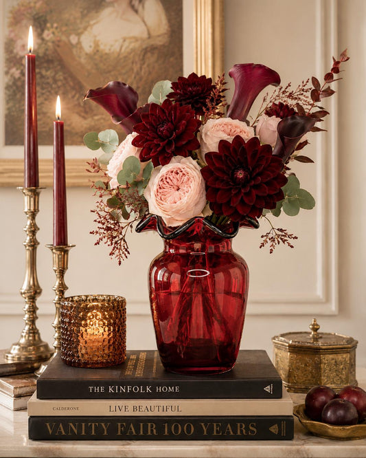 Vintage Cranberry Red Art Glass Vase, Hand Blown Ruffle Rim Vase, Mid Century Ruby Glass Decor, Cottagecore Floral Vase