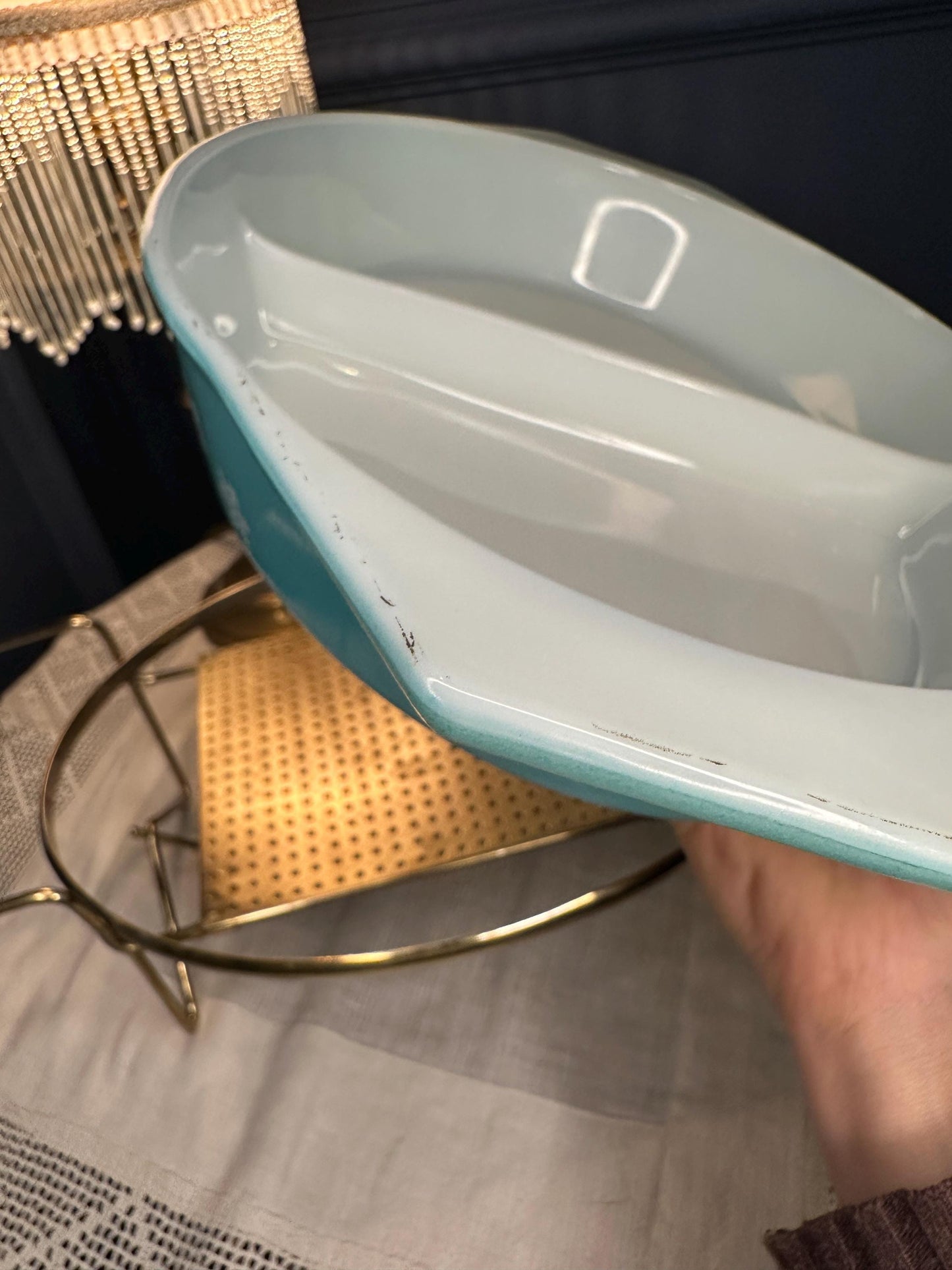 Vintage Pyrex Gaiety Divided Vegetable Dish w Stand & Lid | Turquoise Blue Snowflake Casserole | Mid Century Serving Dish