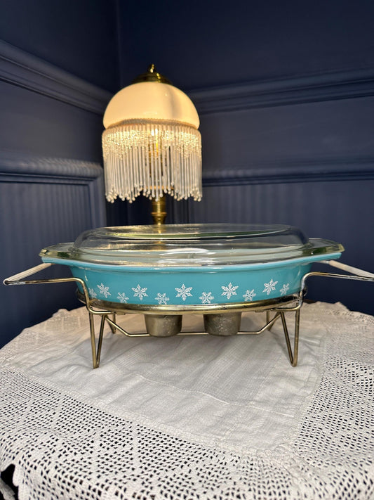 Vintage Pyrex Gaiety Divided Vegetable Dish w Stand & Lid | Turquoise Blue Snowflake Casserole | Mid Century Serving Dish